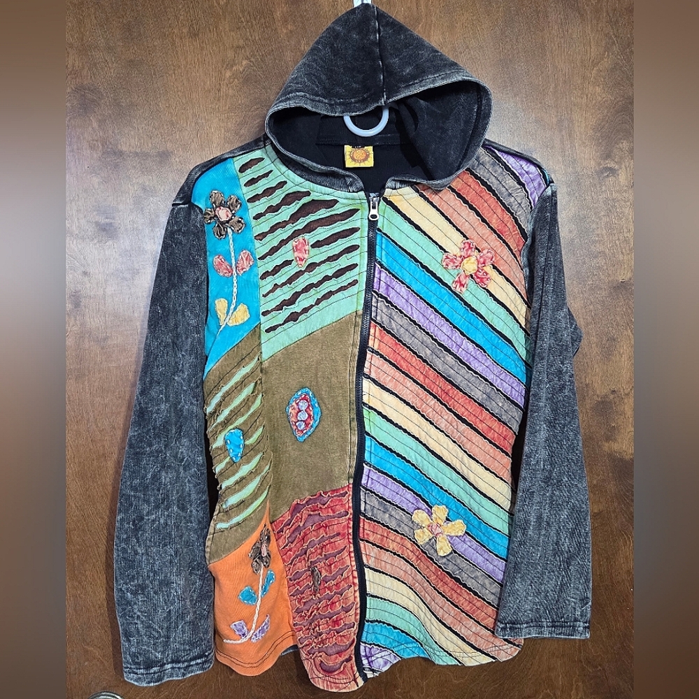 Karma Circle USA Bohemian Floral Patchwork embroidery Full Zip Cotton Jacket XL